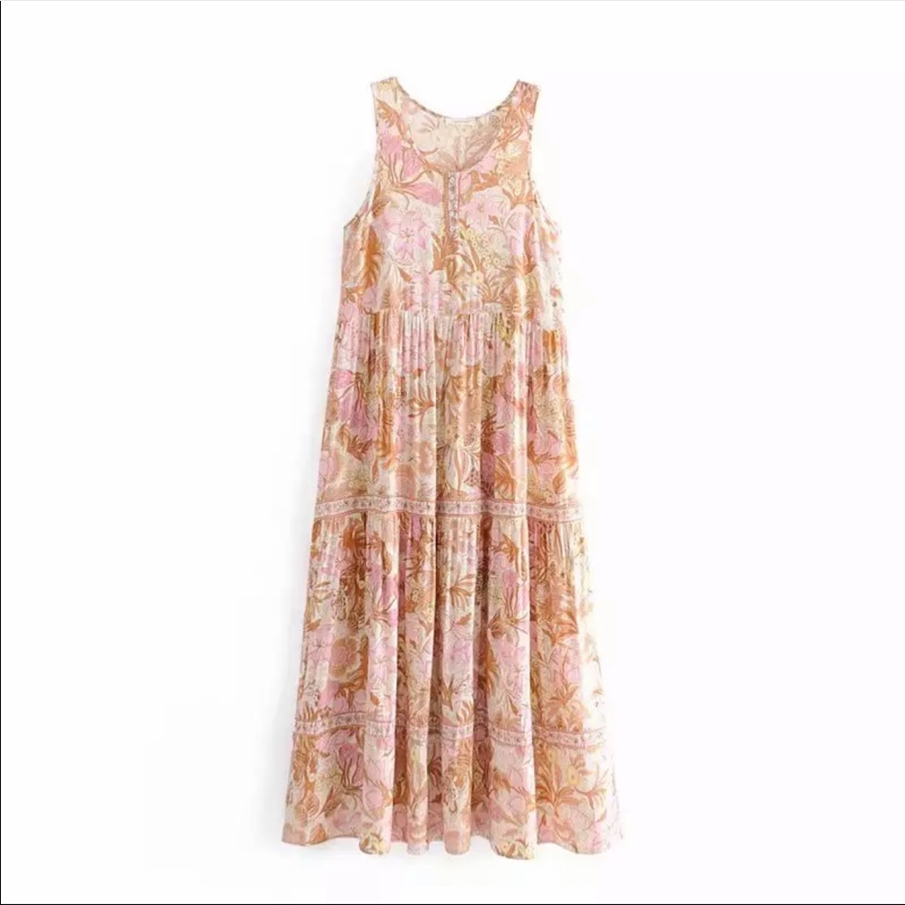 Sleeveless Boho Floral Gypsy Print Maxi Dress Pink - Picture 3 of 11